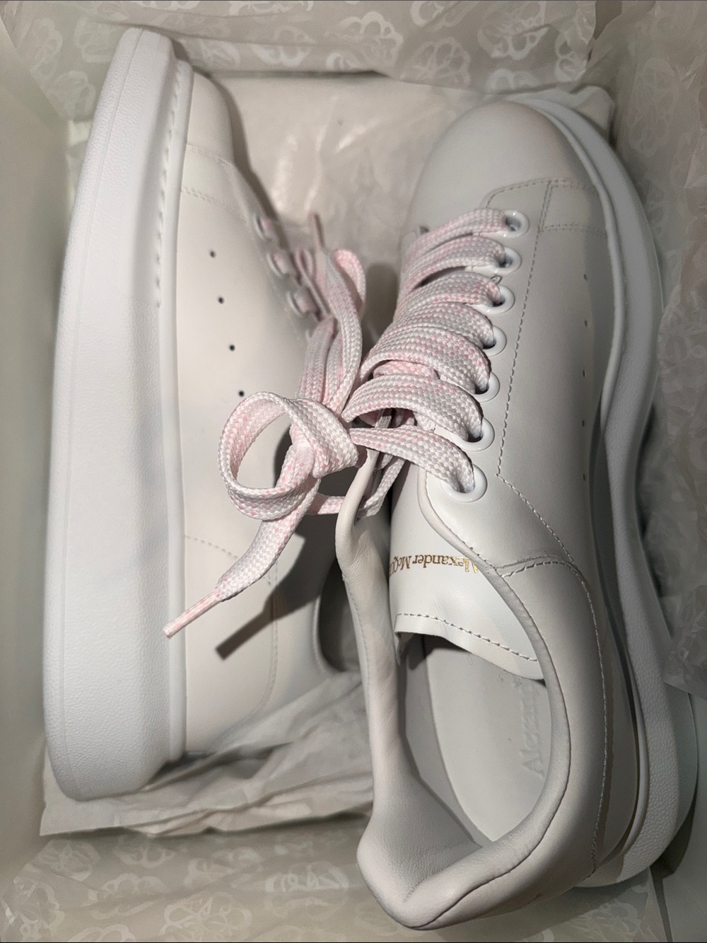Classic White Leather Sneakers with Pink Laces